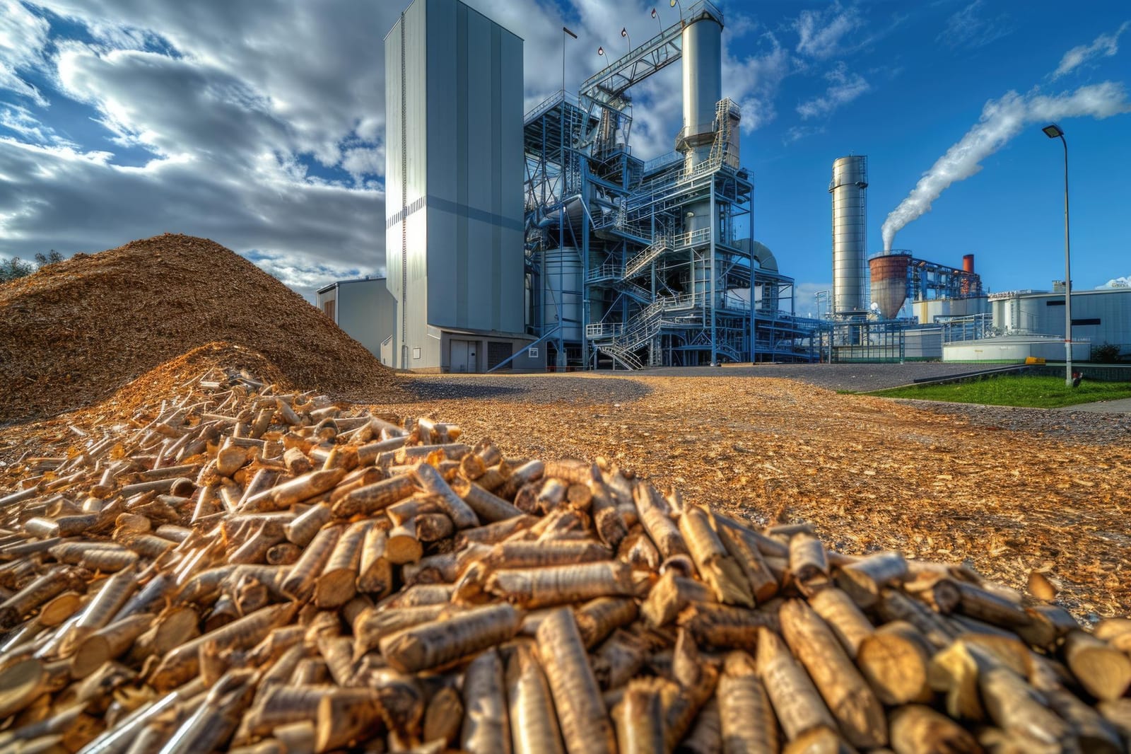 Pátio de biomassa junto a uma unidade de geração de energia